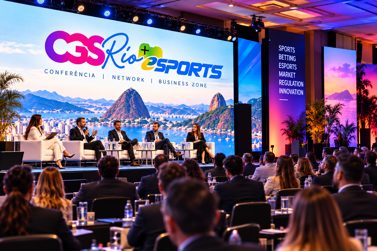 Imagen ilustrativa de una conferencia CGS Rio con panel y público